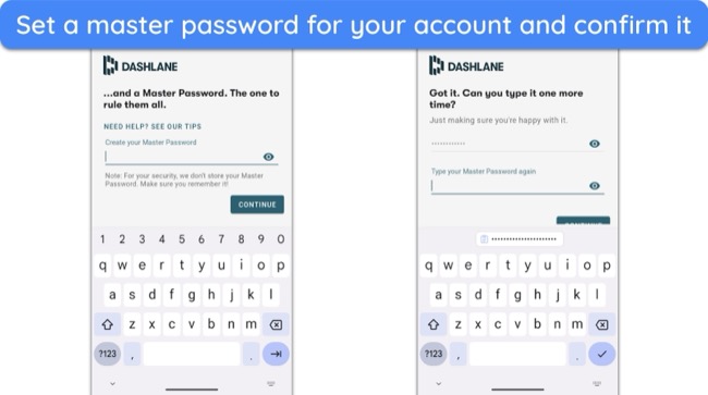 Screenshot of how to set up a master password when creating a Dashlane account