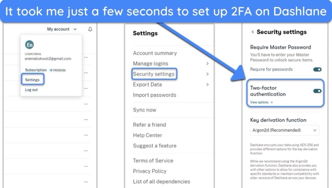 Screenshot of how to set up two-factor authentication on Dashlane