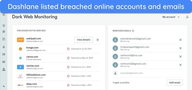 Screenshot of Dashlane's dark web monitoring feature identifying compromised accounts and email addresses