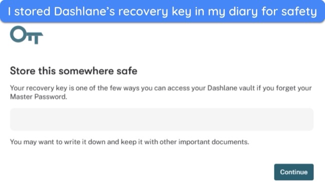 Screenshot of Dashlane's recovery key and how to store it