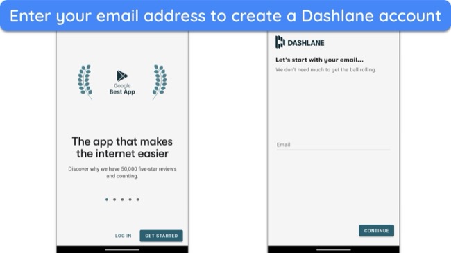 Screenshot showing Dashlane's 'Get Started' interface and how to create an account using email address