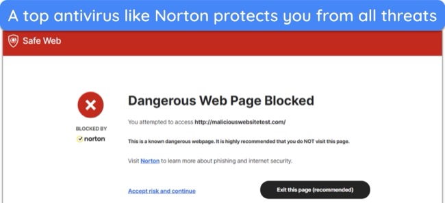 Screenshot of Norton's Safe Web extension blocking an unsafe website in real time