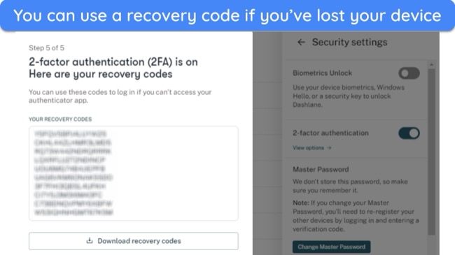 Screenshot of a recovery code while setting up 2-factor authentication on Dashlane