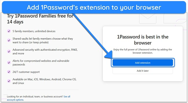 Screenshot showing how to add 1Password's extension to your browser