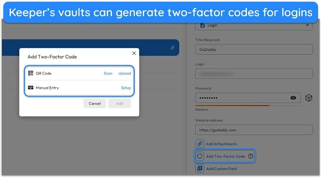 Screenshot showing how you can set up Keeper to generate 2FA codes