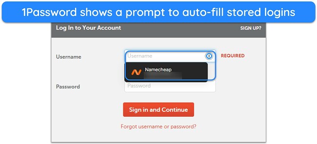 Screenshot of 1Password's auto-fill prompt appearing on a website