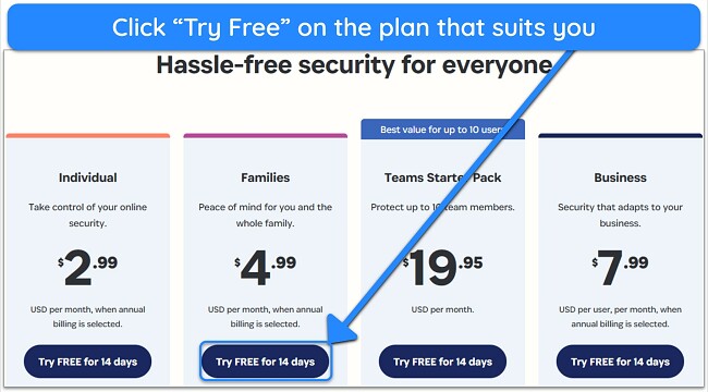 Screenshot showing how to choose a 1Password subscription