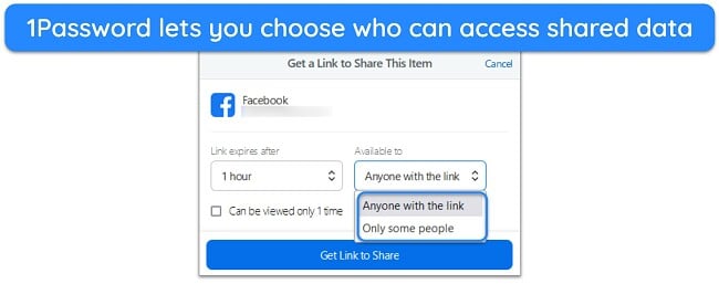 Screenshot of 1Password's sharing feature asking who to make the shared data available to