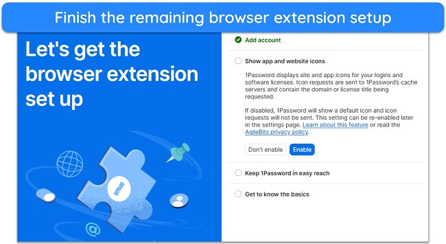 Screenshot showing the remaining steps of 1Password's browser extension setup