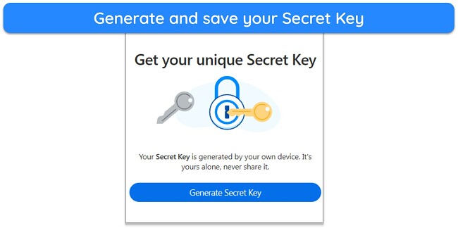 Screenshot showing the Secret Key generation part of 1Password's setup