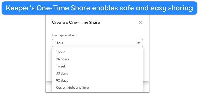 Screenshot showing the link expiry time in Keeper's One-Time Share feature