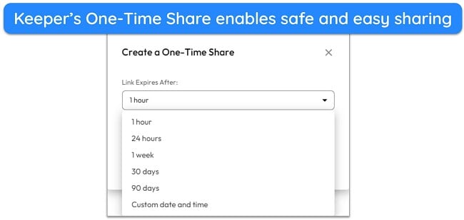 Screenshot showing the link expiry time in Keeper's One-Time Share feature