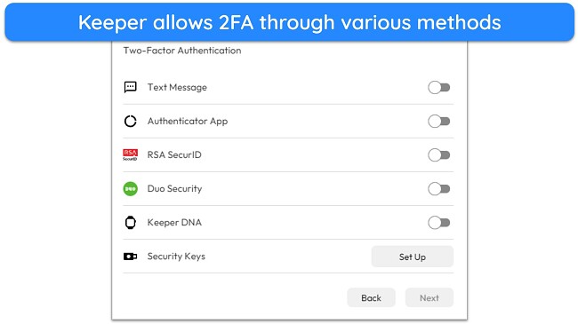 Keeper allows 2FA through various methods