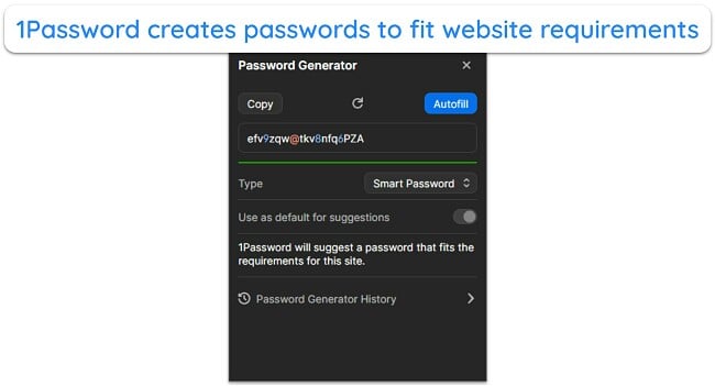 Screenshot of 1Password generating a smart password based on a website's requirements