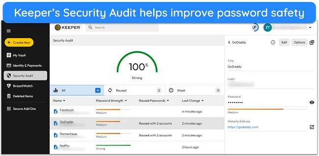 Screenshot of Keeper's Security Audit feature
