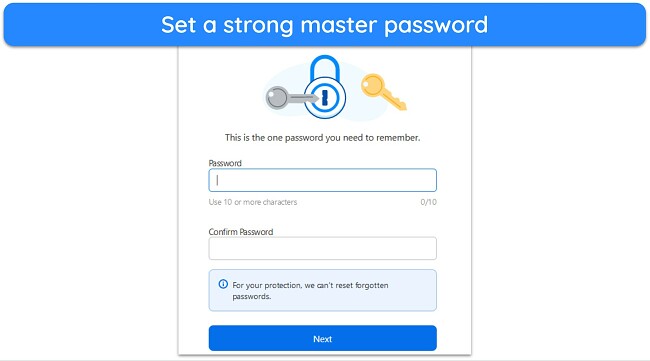  Screenshot showing 1Password's master password setup menu