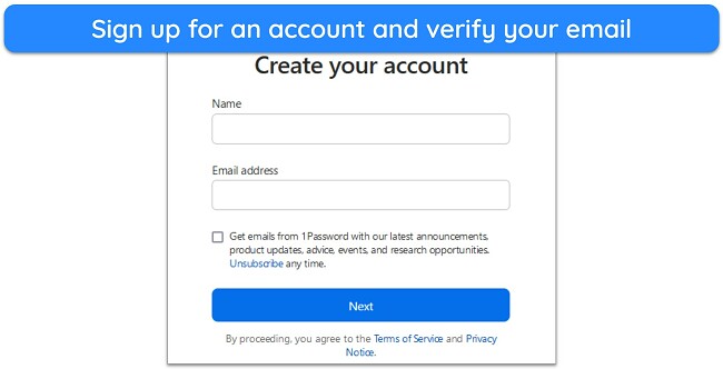 Screenshot showing 1Password's account creation menu