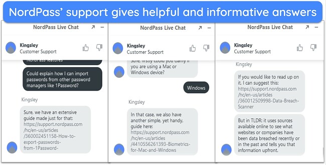 Screenshot of a conversation with NordPass' live chat support