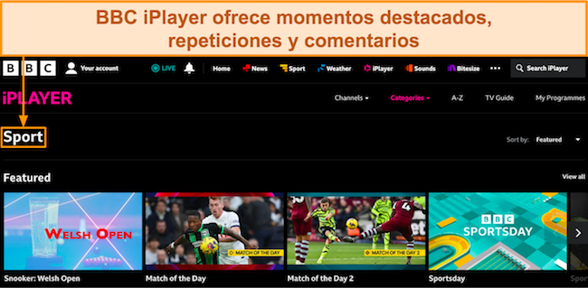 Captura de pantalla del panel de BBC iPlayer, que muestra el contenido disponible en la categoría Deportes