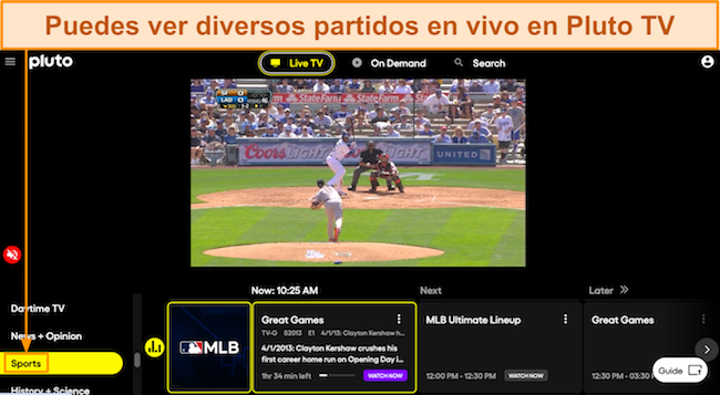 Captura de pantalla de un juego de la MLB transmitido en vivo por Pluto TV