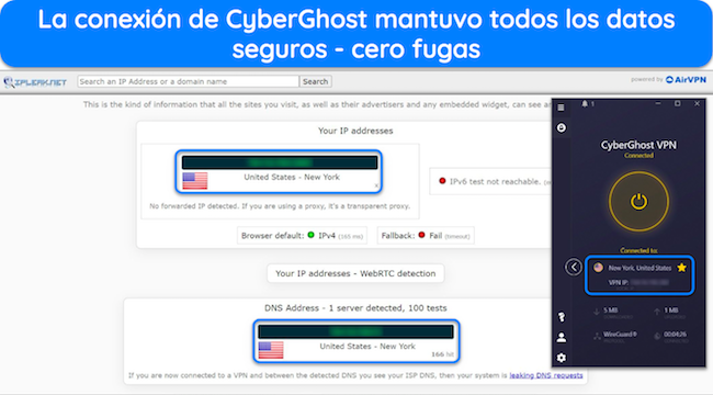 Captura de pantalla de una prueba de fuga de datos que no reveló datos mientras estaba conectado a un servidor CyberGhost en Nueva York