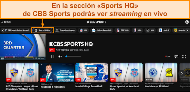 Captura de pantalla del contenido de CBS Sports que se muestra en la sección 'Sports HQ Live'