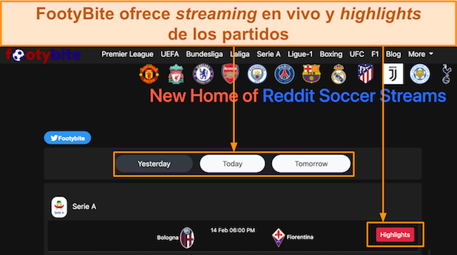 Captura de pantalla de la página de inicio de FootyBite, que muestra los momentos más destacados del partido de fútbol en la pestaña 