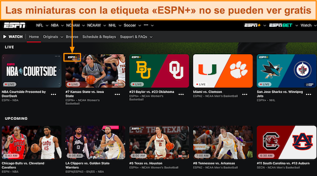Captura de pantalla de la interfaz de inicio de ESPN que muestra transmisiones en vivo de múltiples canales deportivos