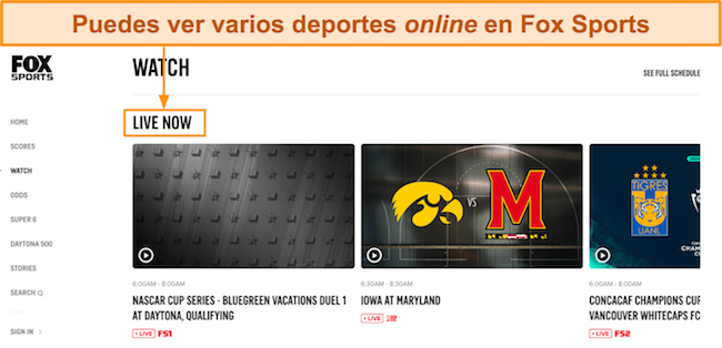 Captura de pantalla de la sección 'Live Now' de la página de inicio de FOX Sports, que muestra varias transmisiones en vivo