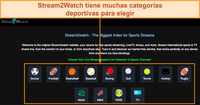 Captura de pantalla de la pantalla de inicio del sitio web Stream2Watch
