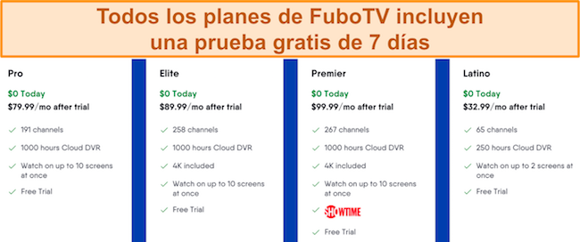 Captura de pantalla de los planes pagos de FuboTV y lo que incluyen