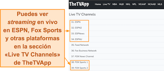 Captura de pantalla del panel de TheTVApp que muestra la lista de canales de TV en vivo