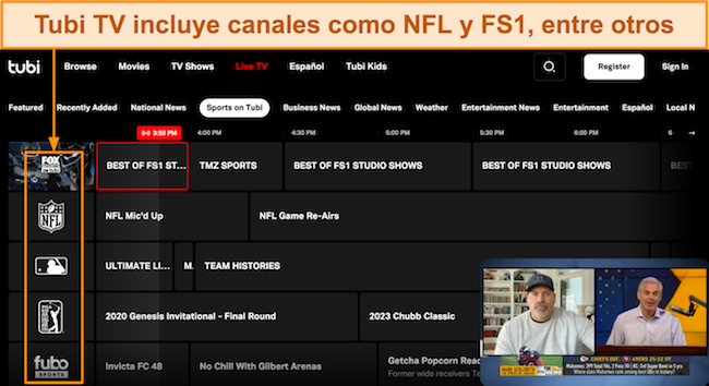 Captura de pantalla del panel de Live TV de Tubi, ejecutando una transmisión en FS1