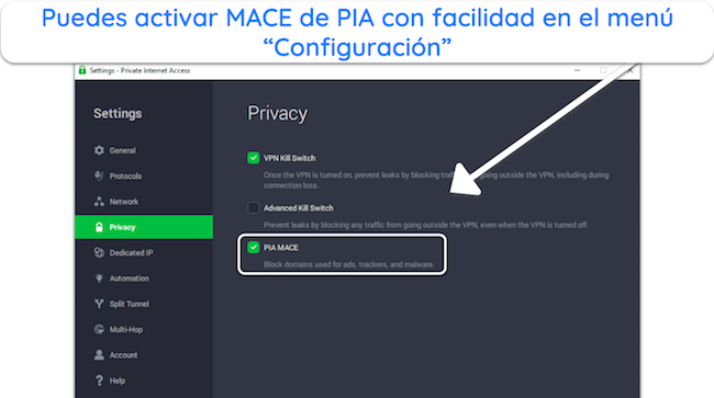 Captura de pantalla de la función MACE de PIA en Configuración