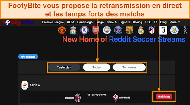 Capture d'écran de la page d'accueil de FootyBite, montrant les moments forts des matchs de football dans l'onglet « Hier »