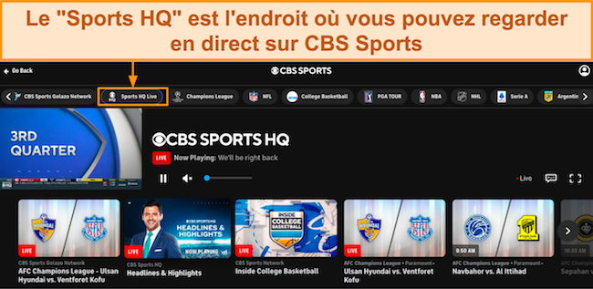 Capture d'écran du contenu de CBS Sports affiché dans la section « Sports HQ Live »