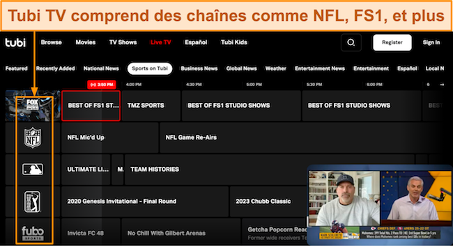 Capture d'écran du tableau de bord Live TV de Tubi, exécutant un flux sur FS1