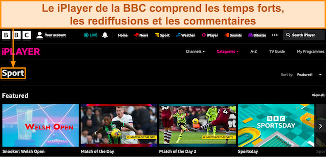 Capture d'écran du tableau de bord de BBC iPlayer, montrant le contenu disponible dans la catégorie Sports