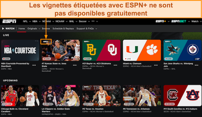 Capture d'écran de l'interface d'accueil d'ESPN montrant les flux en direct de plusieurs chaînes sportives