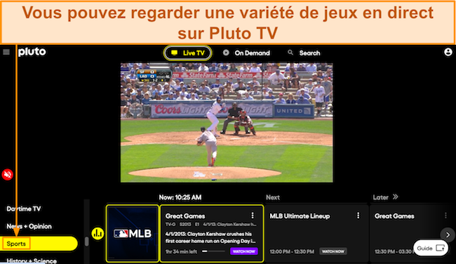 Capture d'écran d'un match de MLB diffusé en direct sur Pluto TV