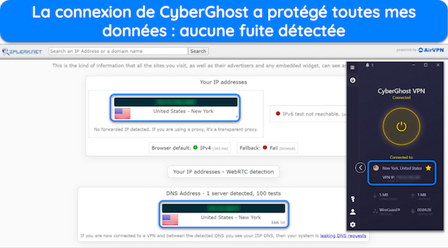 Capture d'écran d'un test de fuite de données ne révélant aucune donnée lors d'une connexion à un serveur CyberGhost à New York