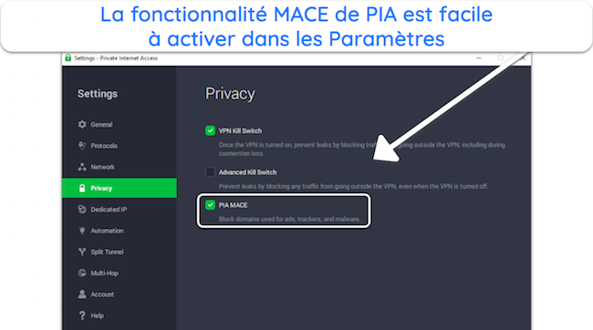 Capture d'écran de la fonctionnalité MACE de PIA dans Paramètres