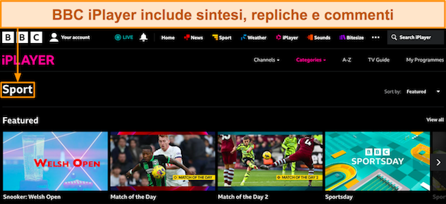 Screenshot della dashboard di BBC iPlayer, che mostra i contenuti disponibili nella categoria Sport