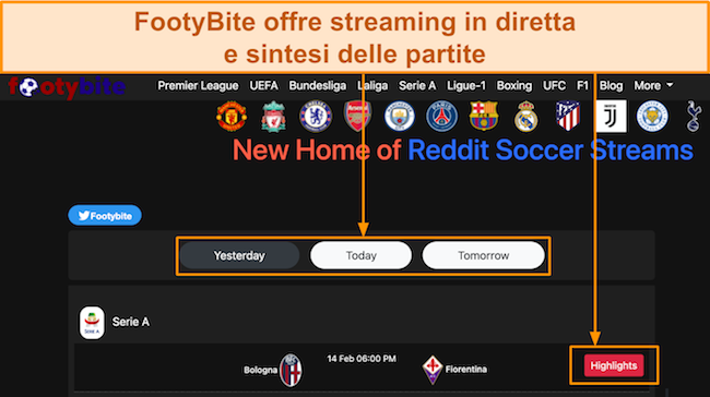 Screenshot della home page di FootyBite, che mostra i momenti salienti delle partite di calcio nella scheda 