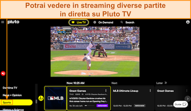 Screenshot di una partita della MLB trasmessa in live streaming su Pluto TV