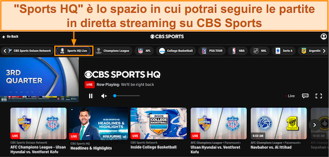 Screenshot dei contenuti di CBS Sports visualizzati nella sezione 