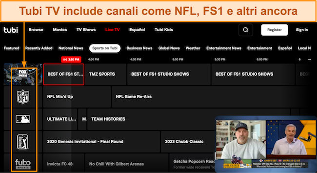 Screenshot della dashboard della Live TV di Tubi, mentre viene eseguito uno streaming su FS1