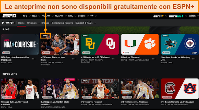 Screenshot dell'interfaccia home di ESPN che mostra streaming live di più canali sportivi