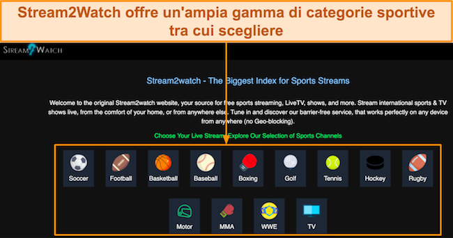 Screenshot della schermata iniziale del sito Web Stream2Watch