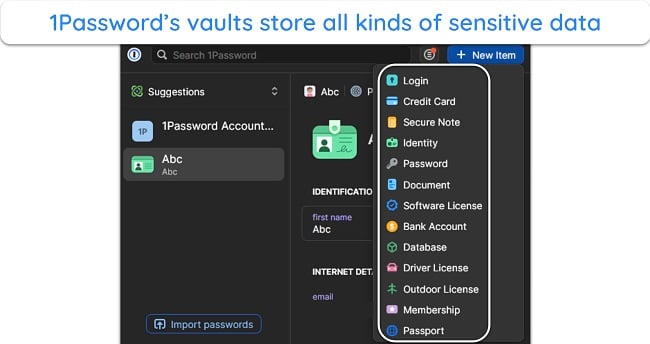Screenshot of the types of information you can store in 1Password's vault